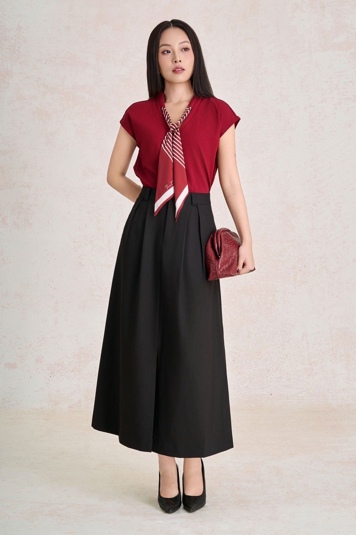Áo sơ mi vải thun cotton dáng suông cổ xẻ V phối vạt thắt tạo kiểu - ÉLANE